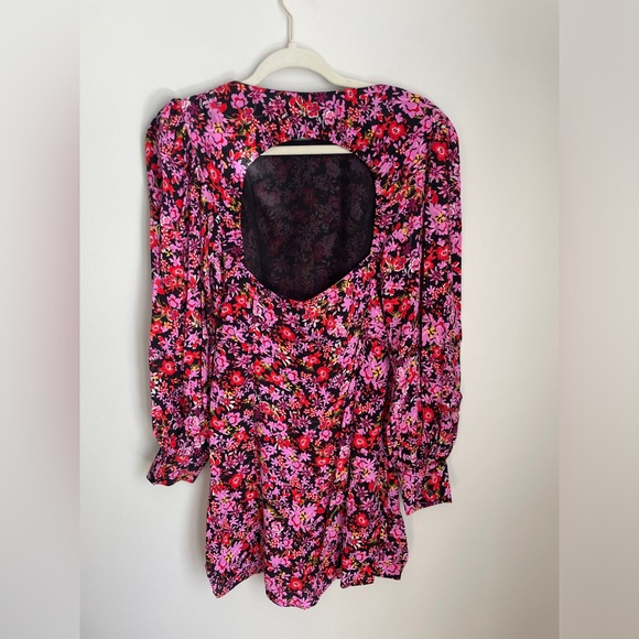 Zara Floral Long Sleeve Mini Dress Pink Red Keyhole Back Women’s Size Small - Picture 2 of 7